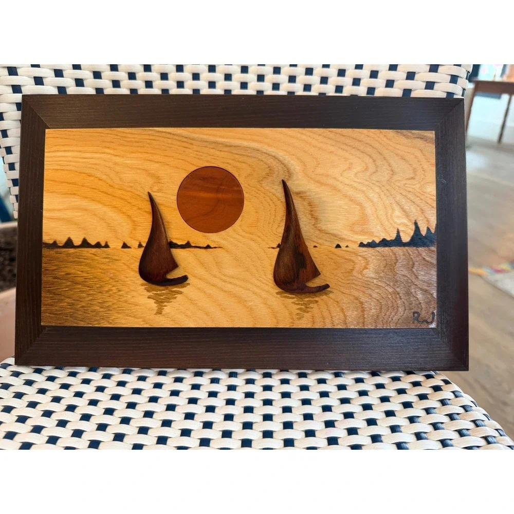 Robert W Johnson Wood Marquetry Sailboat Sunset Signed California Art Picture